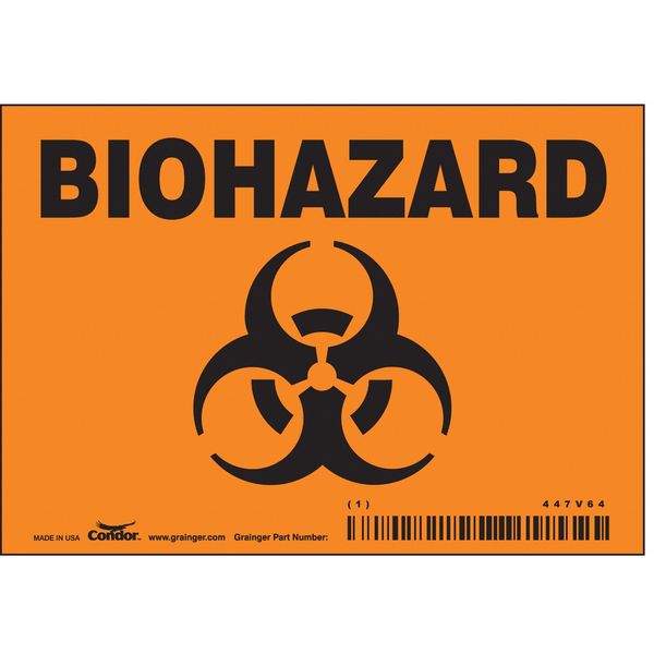 Biohazard Sign, 3 1/2 in H, 5 in W, Vinyl, Horizontal Rectangle, English, 447V64