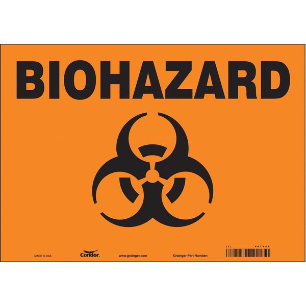 Biohazard Sign, 10 in H, 14 in W, Vinyl, Horizontal Rectangle, English, 447V69