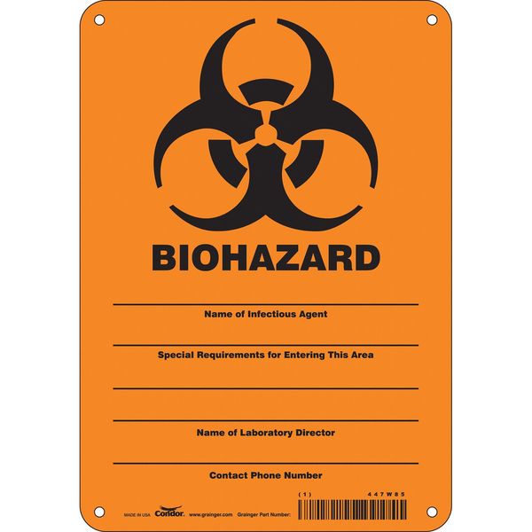 Biohazard Sign, 10 in H, 7 in W, Polyethylene, Horizontal Rectangle, English, 447W85