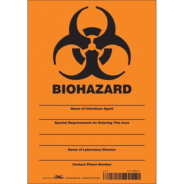 Biohazard Sign, 10 in H, 7 in W, Vinyl, Horizontal Rectangle, English, 447W87