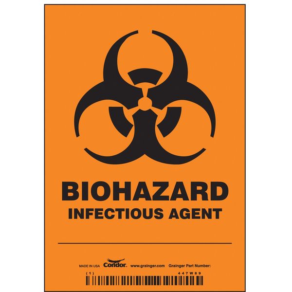 Biohazard Sign, 5 in H, 3 1/2 in W, Vinyl, Vertical Rectangle, English, 447W89