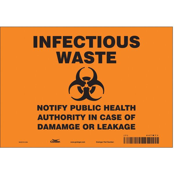 Biohazard Sign, 7 in H, 10 in W, Vinyl, Vertical Rectangle, English, 447W71