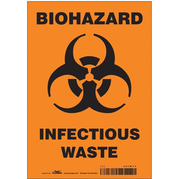 Biohazard Sign, 10 in H, 7 in W, Vinyl, Horizontal Rectangle, English, 447W77