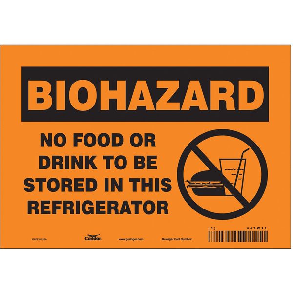Biohazard Sign, 7 in H, 10 in W, Vinyl, Vertical Rectangle, English, 447W11