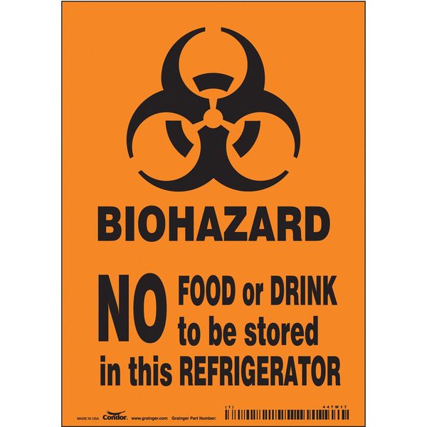 Biohazard Sign, 7 in H, 5 in W, Vinyl, Vertical Rectangle, English, 447W17