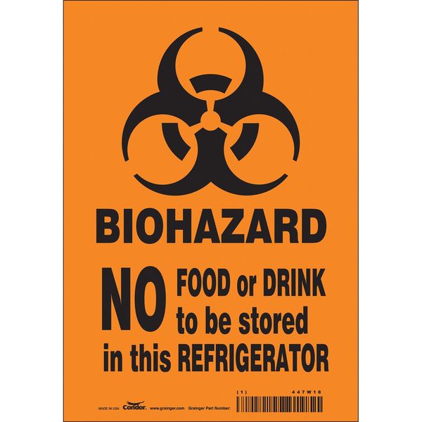 Biohazard Sign, 10 in H, 7 in W, Vinyl, Horizontal Rectangle, English, 447W18