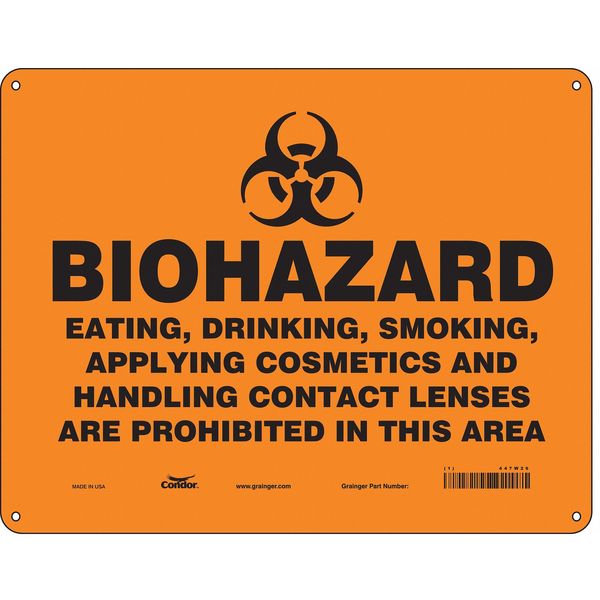 Biohazard Sign, 10 in H, 14 in W, Polyethylene, Horizontal Rectangle, English, 447W26