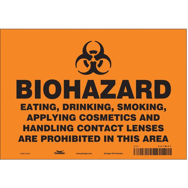 Biohazard Sign, 7 in H, 10 in W, Vinyl, Vertical Rectangle, English, 447W27