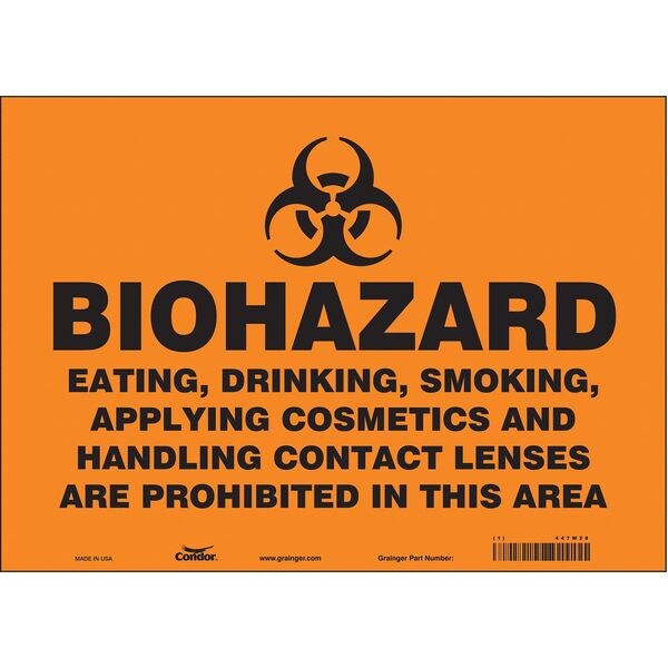 Biohazard Sign, 10 in H, 14 in W, Vinyl, Horizontal Rectangle, English, 447W28