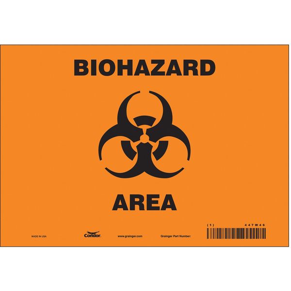 Biohazard Sign, 7 in H, 10 in W, Vinyl, Vertical Rectangle, English, 447W46
