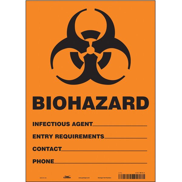 Biohazard Sign, 14 in H, 10 in W, Vinyl, Vertical Rectangle, English, 447W53