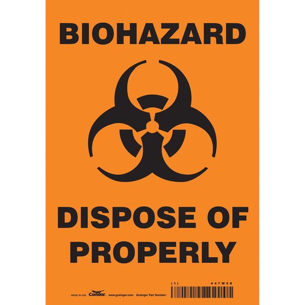 Biohazard Sign, 10 in H, 7 in W, Vinyl, Horizontal Rectangle, English, 447W58