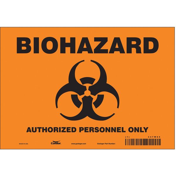 Biohazard Sign, 7 in H, 10 in W, Vinyl, Vertical Rectangle, English, 447W65