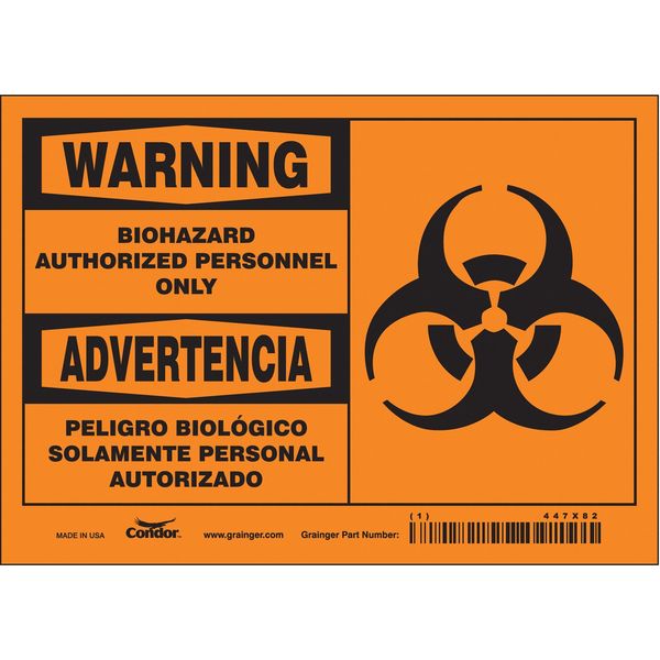 Biohazard Sign, 5 in Height, 7 in Width, Vinyl, Horizontal Rectangle, English, Spanish