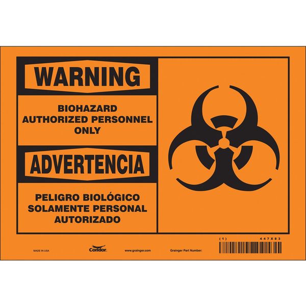 Biohazard Sign, 10 in Height, 7 in Width, Vinyl, Horizontal Rectangle, English, Spanish