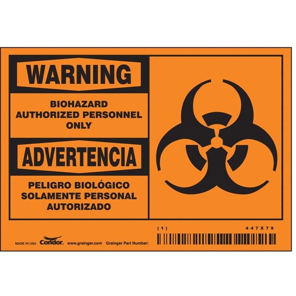 Safety Sign, 3 1/2 in H, 5 in W, Vinyl, Horizontal Rectangle, English, Spanish, 447X79