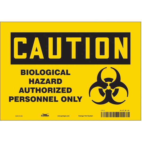 Biohazard Sign, 7 in H, 10 in W, Vinyl, Vertical Rectangle, English, 447X10