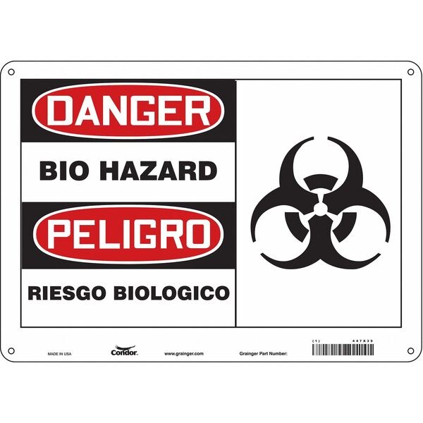 Biohazard Sign, 10 in H, 14 in W, Polyethylene, Horizontal Rectangle, English, Spanish, 447X39