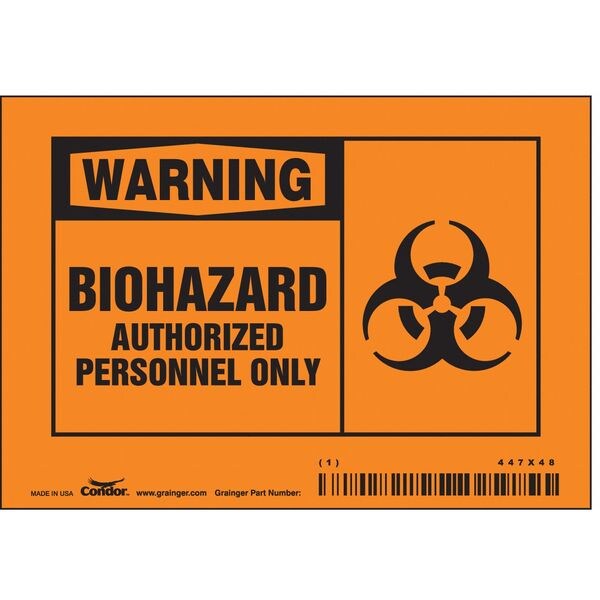 Biohazard Sign, 3 1/2 in H, 5 in W, Vinyl, Horizontal Rectangle, English, 447X48