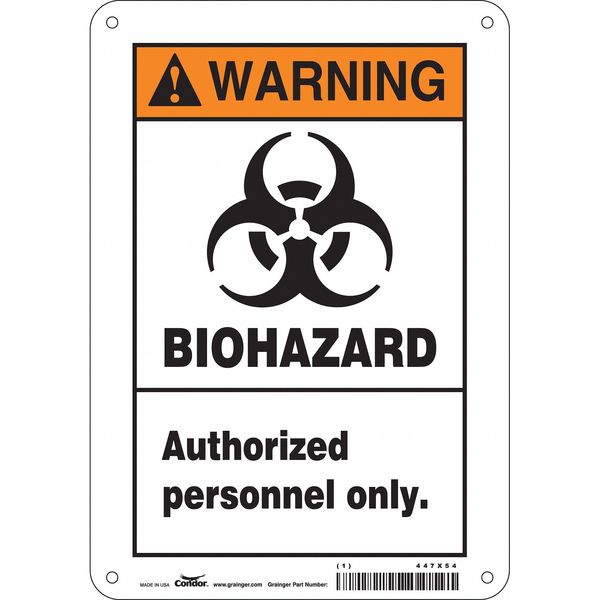 Biohazard Sign, 10 in H, 7 in W, Polyethylene, Horizontal Rectangle, English, 447X54