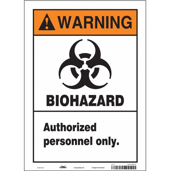 Biohazard Sign, 14 in H, 10 in W, Vinyl, Vertical Rectangle, English, 447X57