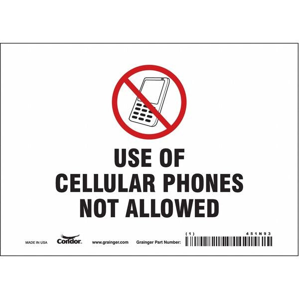 Safety Sign Cell Phone, 5 in H, 7 in W, Vinyl, Horizontal Rectangle, English, 451N93