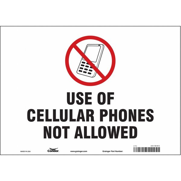 Safety Sign Cell Phone, 10 in H, 14 in W, Vinyl, Horizontal Rectangle, English, 451N95
