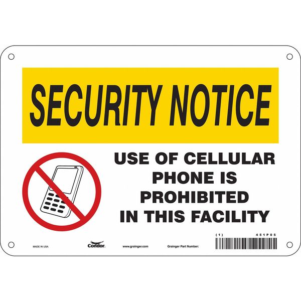 Safety Sign Cell Phone, 7 in H, 10 in W, Polyethylene, Vertical Rectangle, English, 451P05