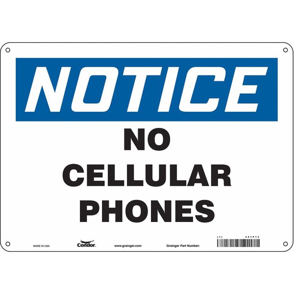 Safety Sign Cell Phone, 10 in H, 14 in W, Polyethylene, Horizontal Rectangle, English, 451P13