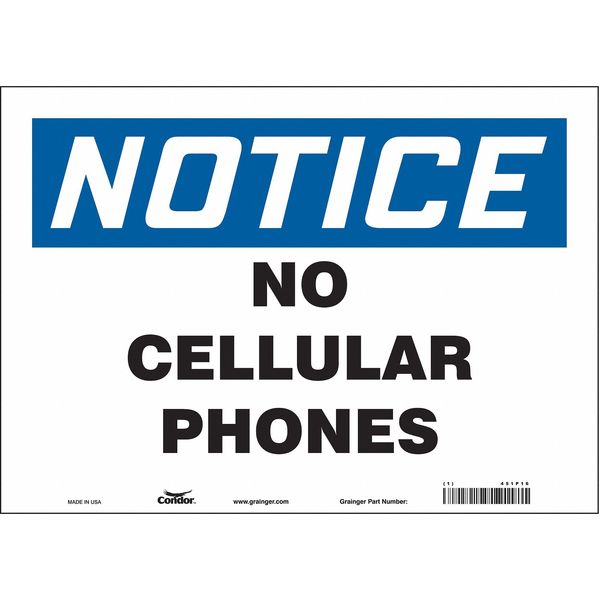 Safety Sign Cell Phone, 10 in H, 14 in W, Vinyl, Horizontal Rectangle, English, 451P16