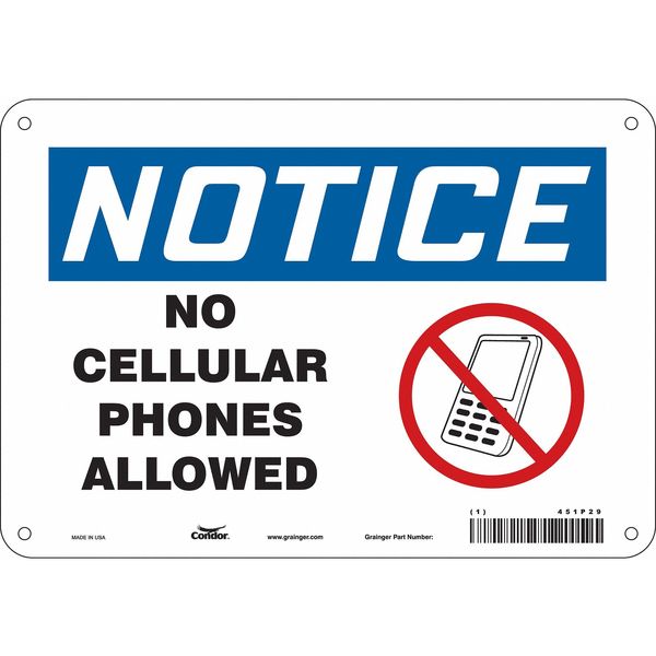 Safety Sign Cell Phone, 7 in H, 10 in W, Polyethylene, Vertical Rectangle, English, 451P29