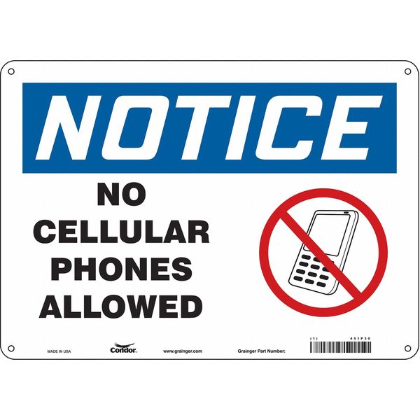 Safety Sign Cell Phone, 10 in H, 14 in W, Polyethylene, Horizontal Rectangle, English, 451P30