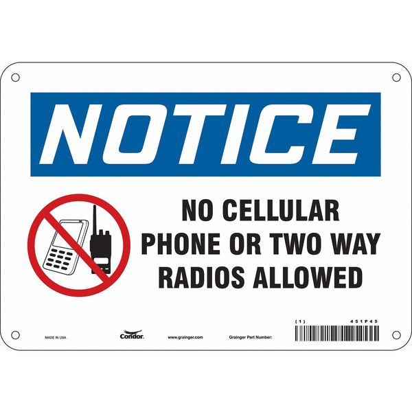 Safety Sign Cell Phone, 7 in H, 10 in W, Polyethylene, Vertical Rectangle, English, 451P45