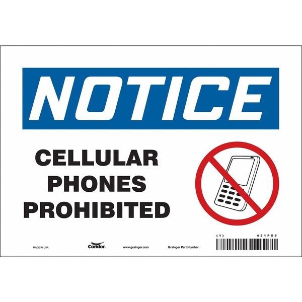 Safety Sign Cell Phone, 7 in H, 10 in W, Vinyl, Vertical Rectangle, English, 451P55