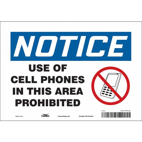 Safety Sign Cell Phone, 7 in H, 10 in W, Vinyl, Vertical Rectangle, English, 451P62