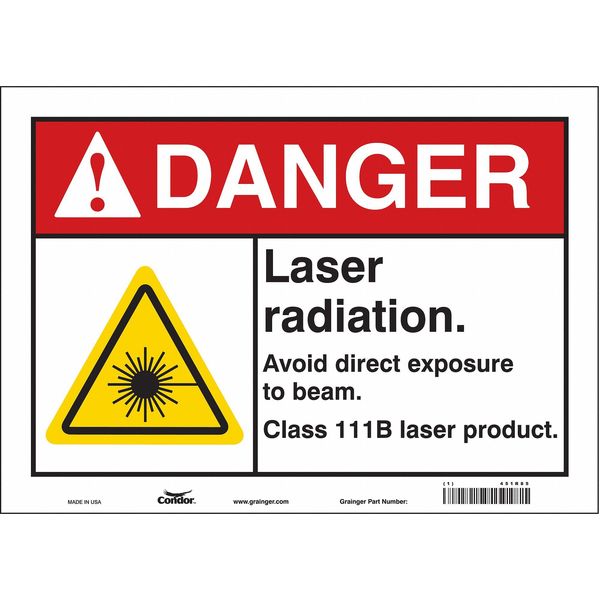 Laser Warning Sign, 10 in H, 14 in W, Vinyl, Horizontal Rectangle, 451R85