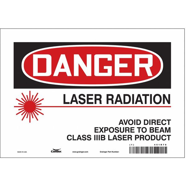 Laser Warning Sign, 7 in H, 10 in W, Vinyl, Vertical Rectangle, 451R78