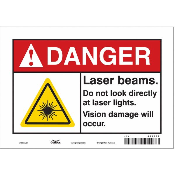 Laser Warning Sign, 7 in H, 10 in W, Vinyl, Vertical Rectangle, 451R59