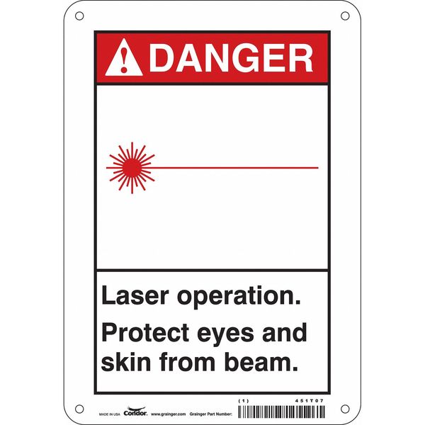 Laser Warning Sign, 10 in H, 7 in W, Polyethylene, Horizontal Rectangle, 451T07