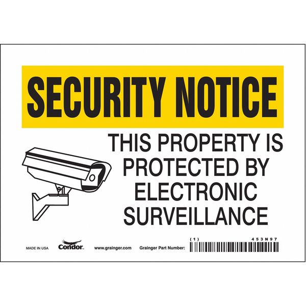 Security Sign, 5 in H, 7 in W, Vinyl, Horizontal Rectangle, English, 453N97