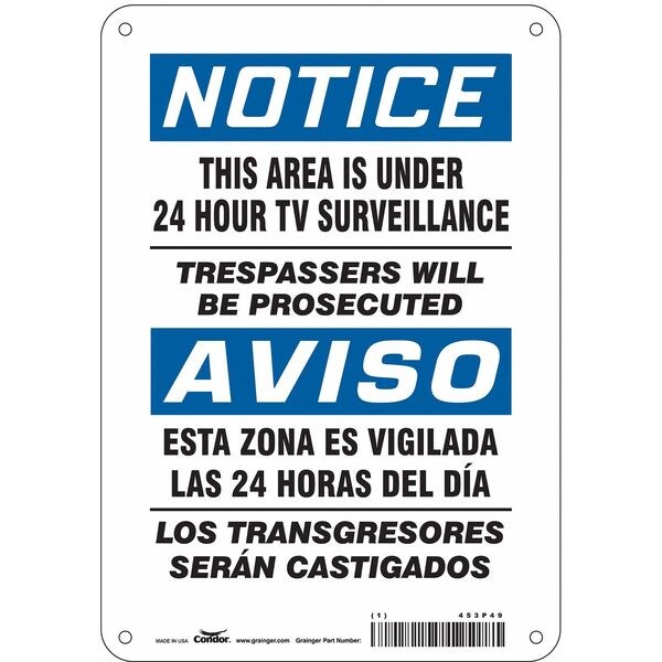 Security Sign, 10 in Height, 7 in Width, Polyethylene, Horizontal Rectangle, English, Spanish