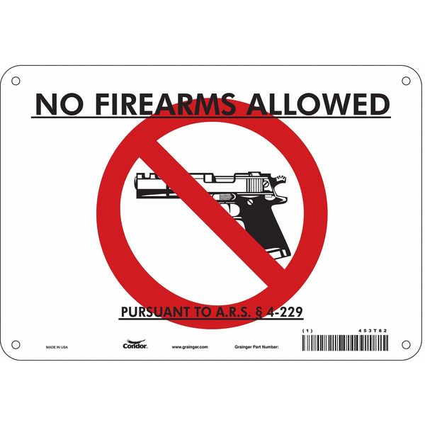 No Concealed Weapons Sign, 7 in H, 10 in W, Polyethylene, Vertical Rectangle, English, 453T82