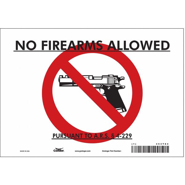 No Concealed Weapons Sign, 7 in H, 10 in W, Vinyl, Vertical Rectangle, English, 453T84
