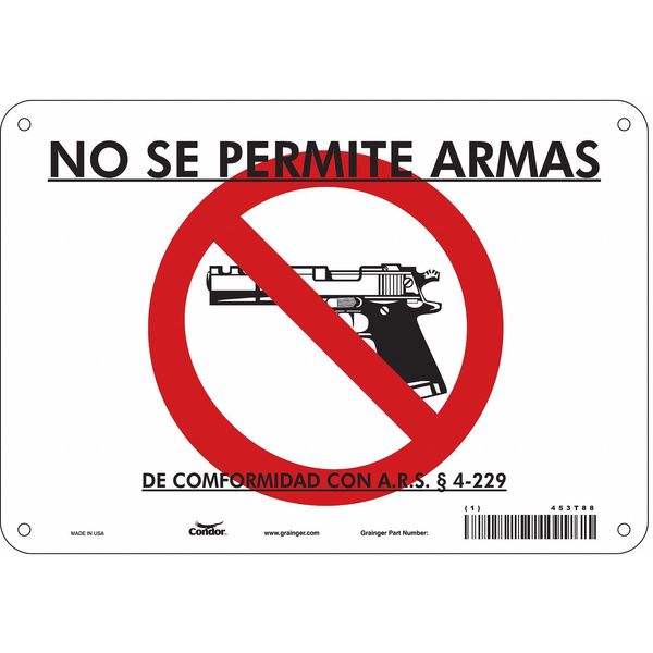 No Concealed Weapons Sign, 7 in Height, 10 in Width, Polyethylene, Vertical Rectangle, Spanish