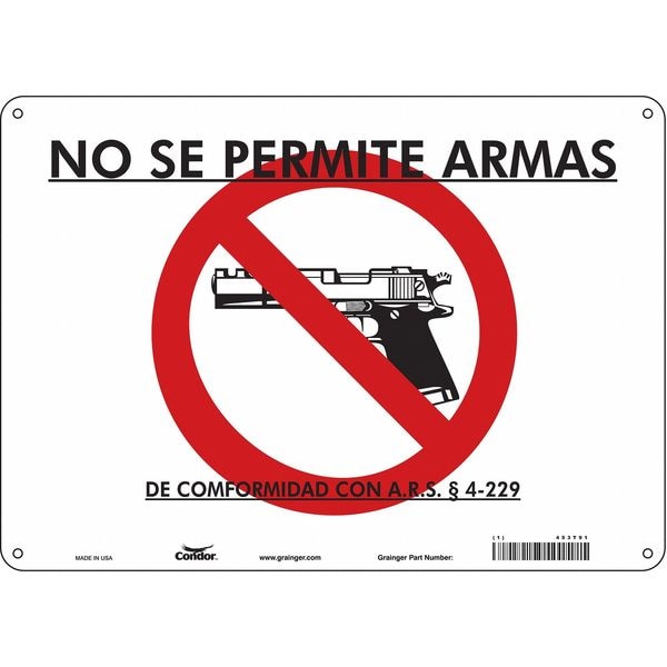 No Concealed Weapons Sign, 10 in Height, 14 in Width, Vinyl, Horizontal Rectangle, Spanish