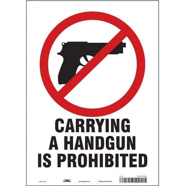 No Concealed Weapons Sign, 14 in H, 10 in W, Vinyl, Vertical Rectangle, English, 453T94