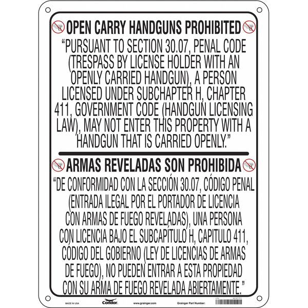 No Concealed Weapons Sign, 24 in Height, 18 in Width, Polyethylene, Vertical Rectangle