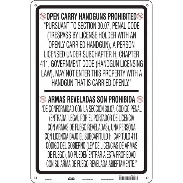 No Concealed Weapons Sign, 36 in Height, 24 in Width, Polyethylene, Vertical Rectangle