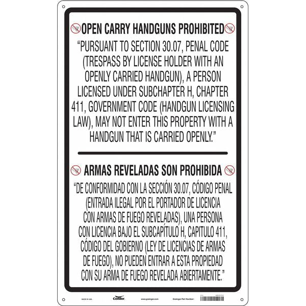 No Concealed Weapons Sign, 48 in Height, 30 in Width, Polyethylene, Vertical Rectangle