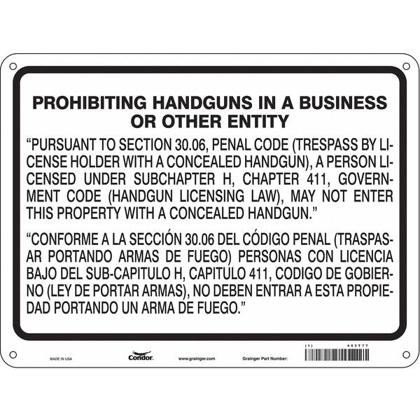 No Concealed Weapons Sign, 18 in Height, 24 in Width, Polyethylene, Horizontal Rectangle